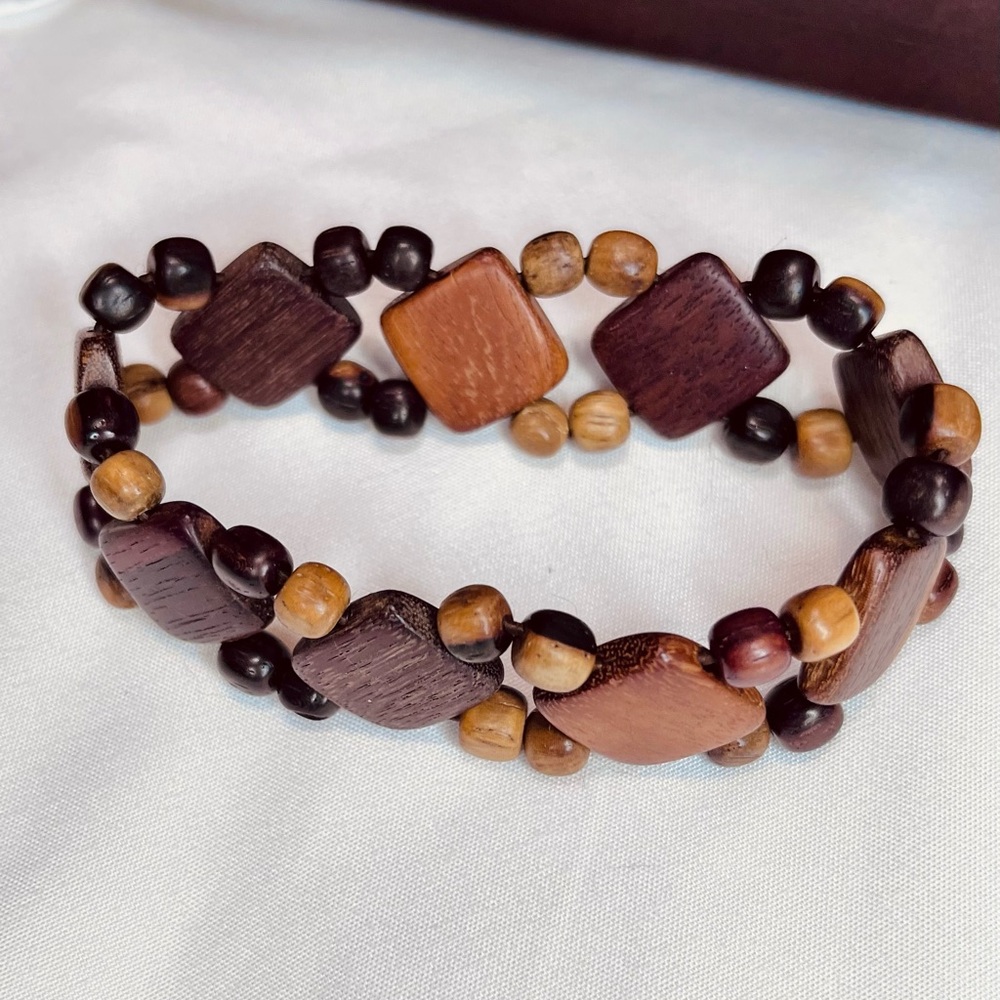 Y2K/90s Boho Wooden Beaded Stretch Bracelet / Bangle | Earth Tones Hippy Jewelry